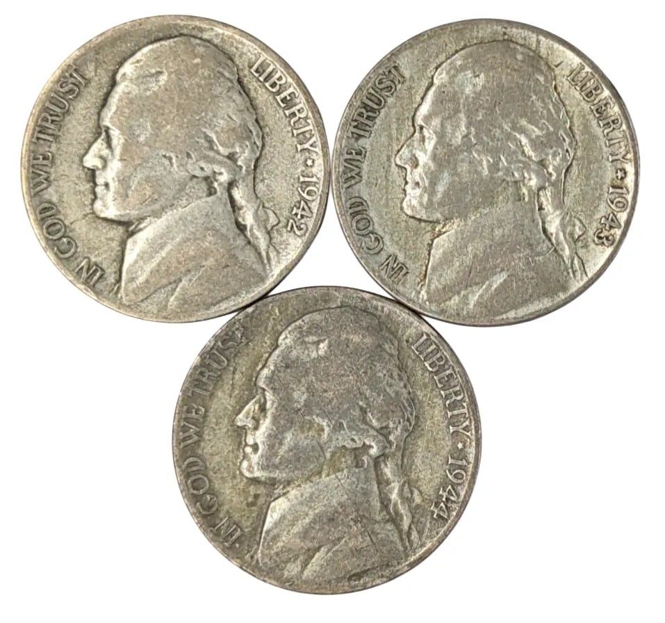 Lot of 3 Silver War Nickels - 1942, 1943, 1944: 35% Silver
