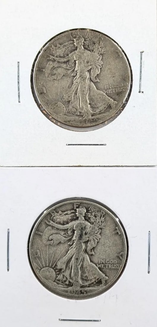 Lot of 2 Silver Walking Liberty Half Dollars - 1944, 1945: _