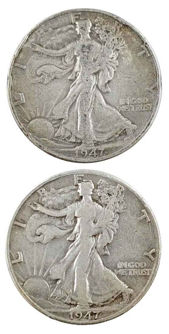Lot of 2 Silver Walking Liberty Half Dollars - 1947 P/D: _