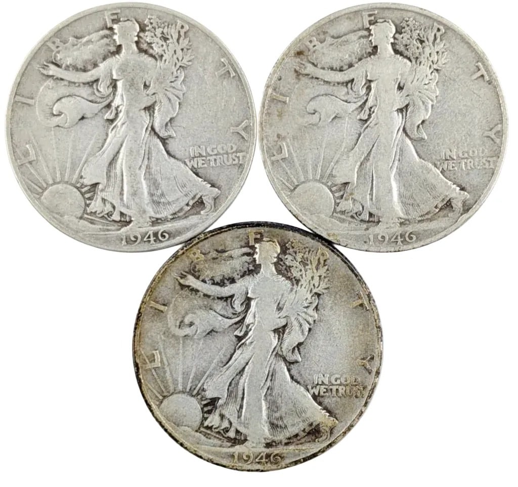 Lot of 3 Silver Walking Liberty Half Dollars - 1946 D/S/P: _