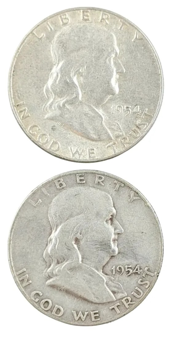 Lot of 2 Silver Franklin Half Dollars - 1954 P/D: _