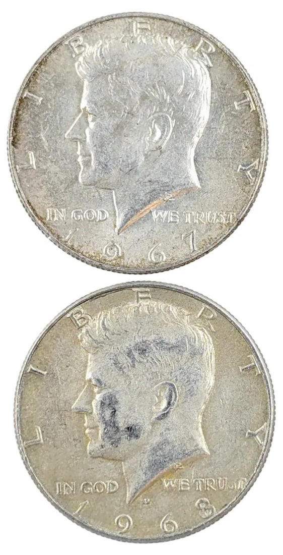 Lot of 2 Silver JFK Half Dollars 1967, 1968-D (40%): _
