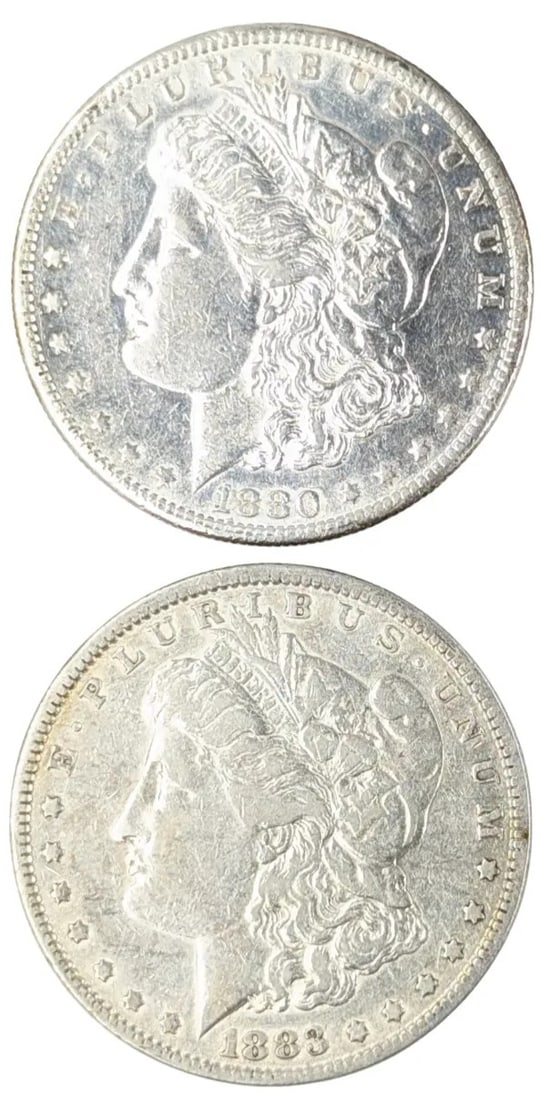 Lot of 2 Morgan Silver Dollars - 1880-S, 1883: _