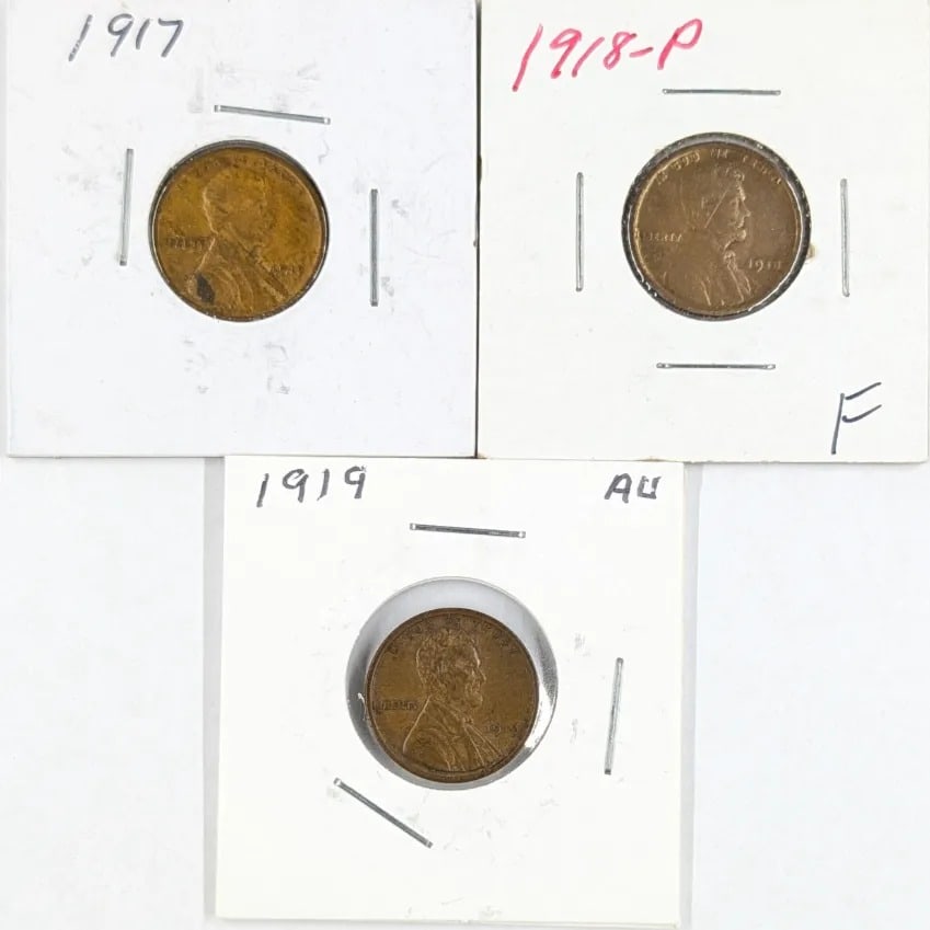 Lot of 3 Wheat Cents- 1917, 1918, 1919: _