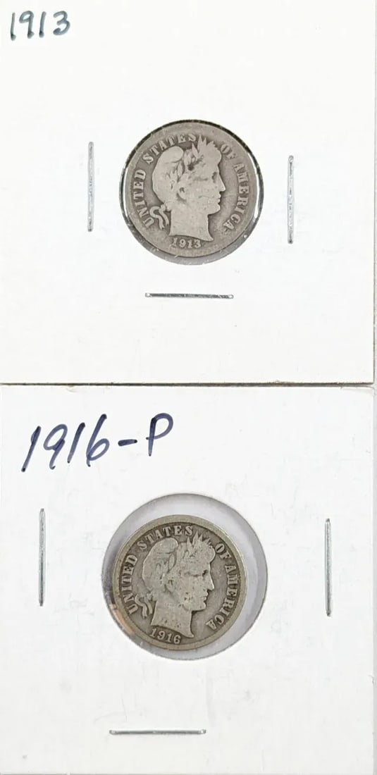 Lot of 2 Silver Barber Dimes - 1913, 1916: _