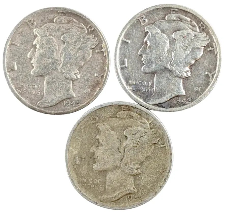 Lot of 3 Silver Mercury Dimes - 1942, 1945 P/S: _