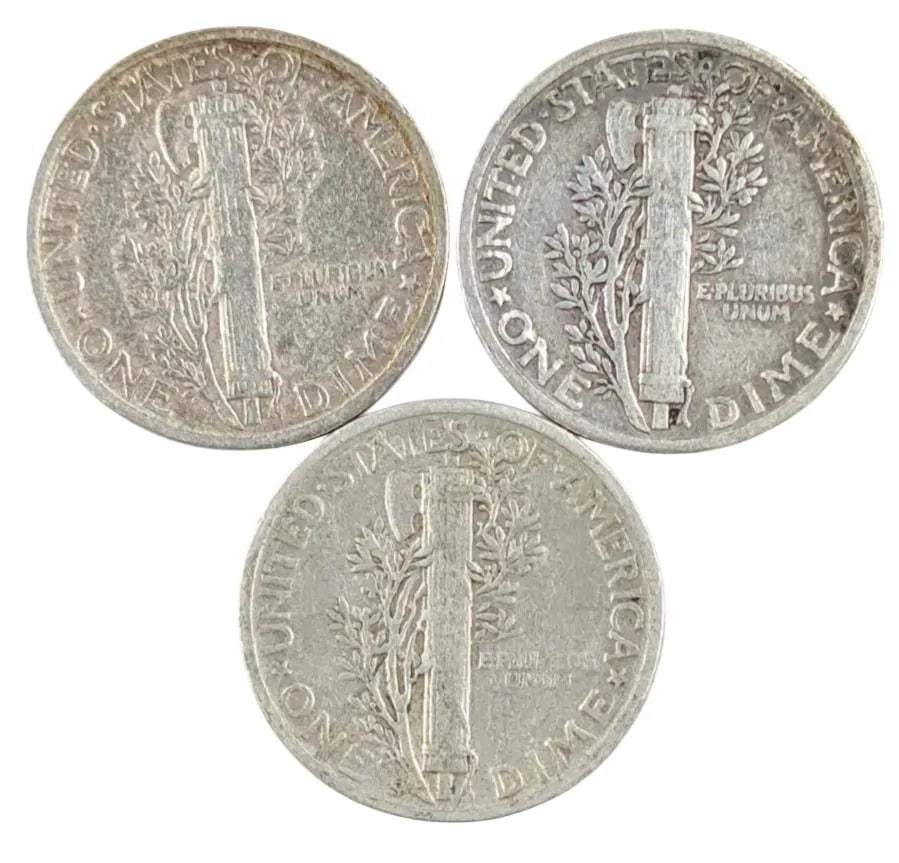 Lot of 3 Silver Mercury Dimes - 1942, 1945 P/S - 2