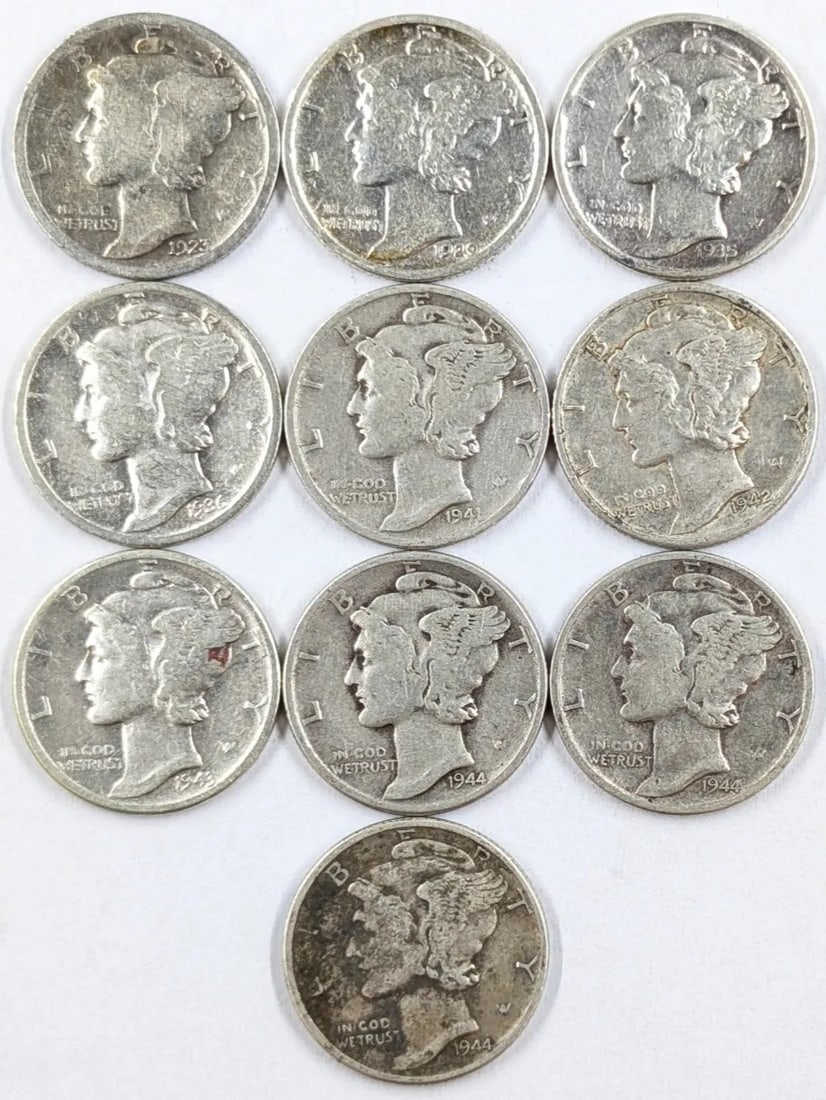 Lot of 10 Silver Mercury Dimes - 1923-1944: _