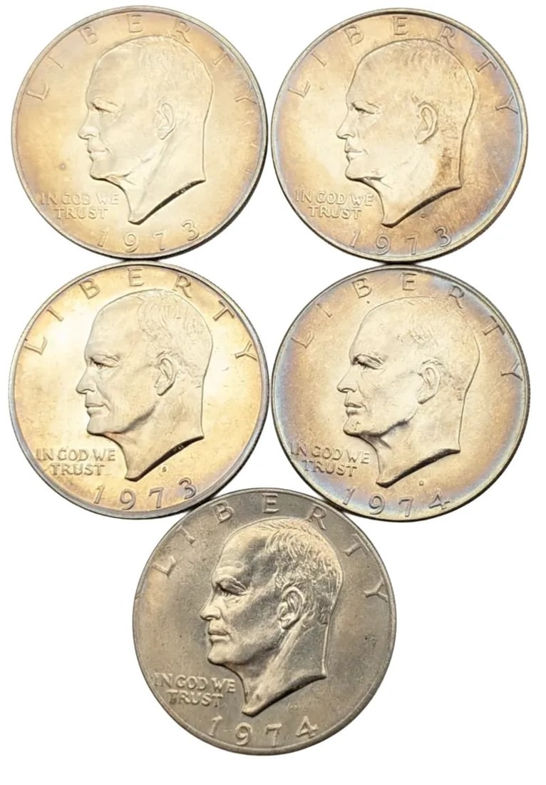 Lot of 5 Uncirculated/Proof Eisenhower "Ike" $1 Coins- Some Toned: _