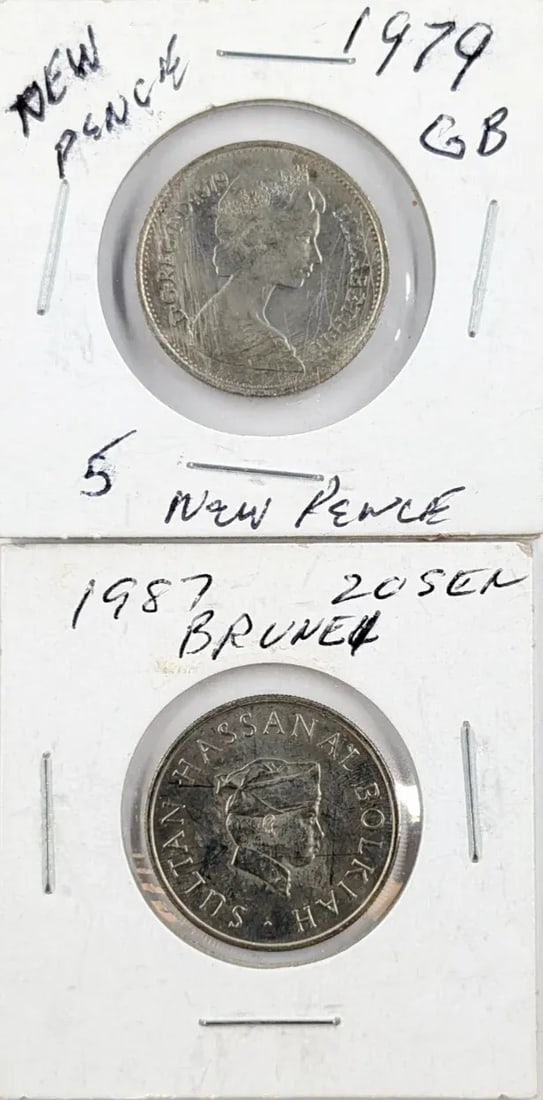 Lot of 2 Foreign Coins- 1979 5 Pence, 1987 20 Sen: _