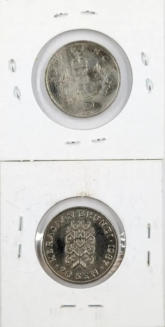 Lot of 2 Foreign Coins- 1979 5 Pence, 1987 20 Sen - 2