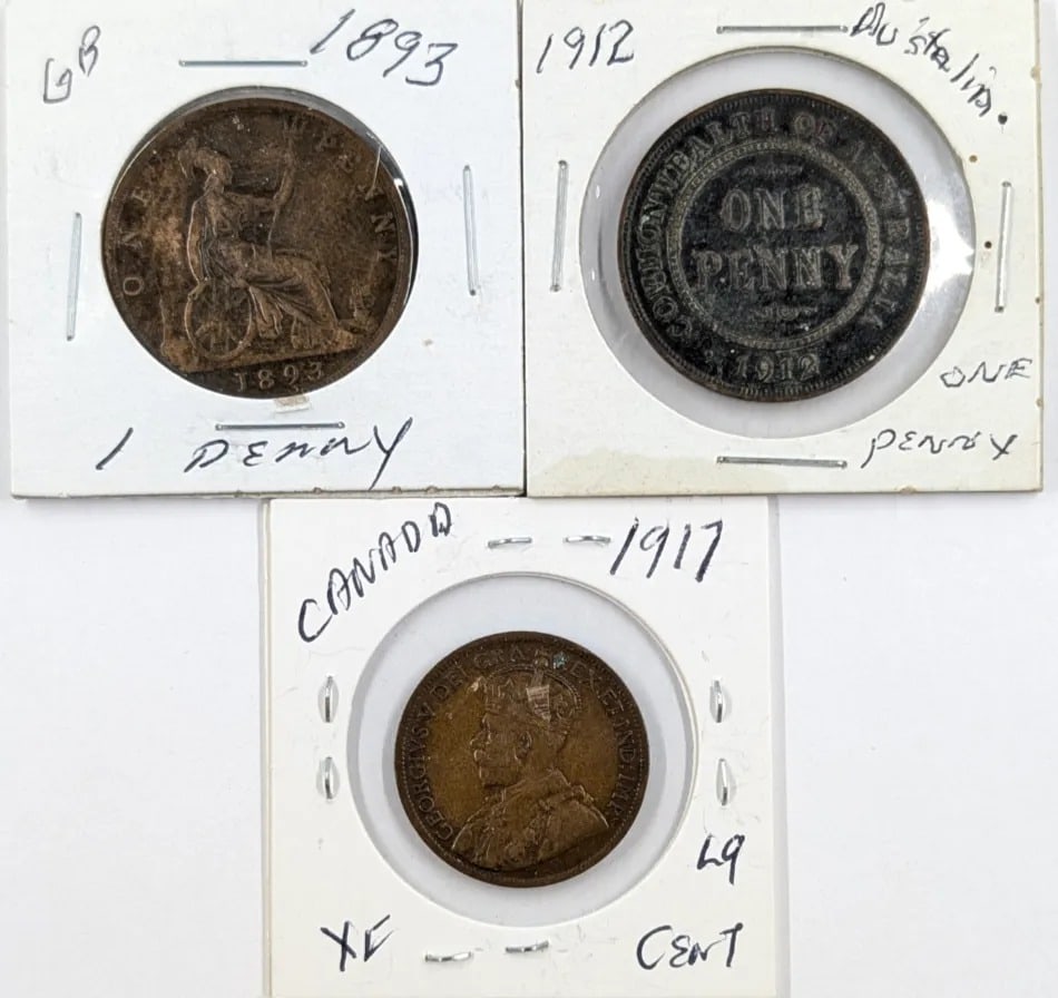 Lot of 3 Great Britain/Australia/Canadian Pennies- 1893, 1912, 1917: _