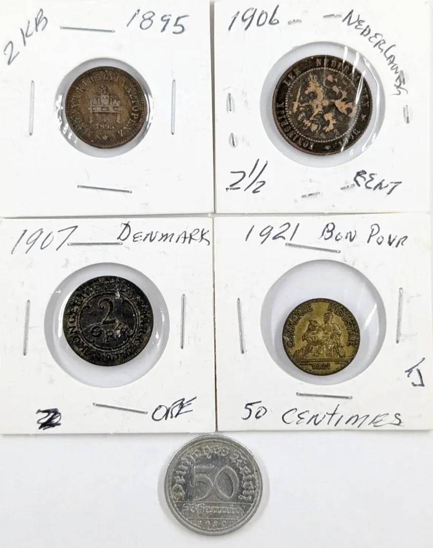 Lot of 5 Foreign Coins- 1895-1921. Netherlands, Denmark, etc: _