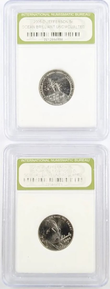 Lot of 2- INB Uncirculated Jefferson Nickels- 2005-D, 2006: _