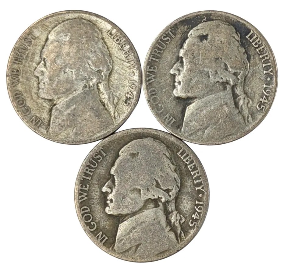 Lot of 3 Silver War Nickels -1945 P/S/D: 35% Silver