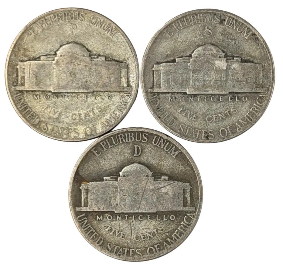 Lot of 3 Silver War Nickels -1945 P/S/D - 2