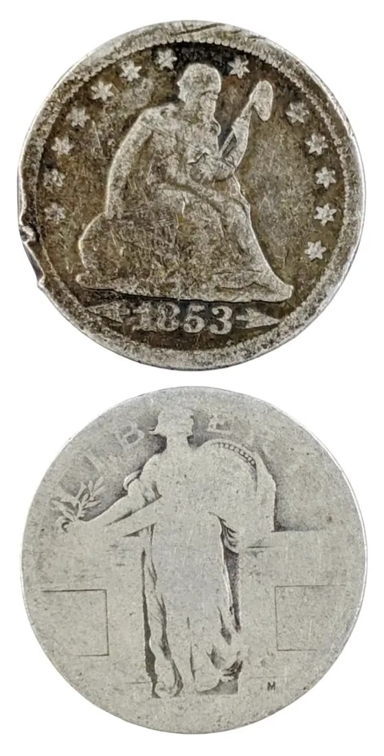 Lot of 2 Silver Quarters- 1853 Seated, Dateless Standing: _
