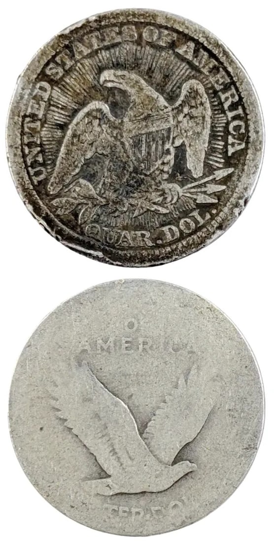 Lot of 2 Silver Quarters- 1853 Seated, Dateless Standing - 2