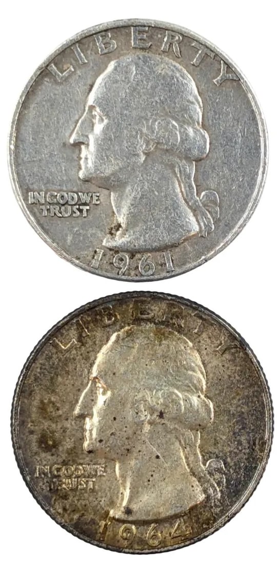 Lot of 2 Silver Washington Quarters- 1961-D, 1964: _