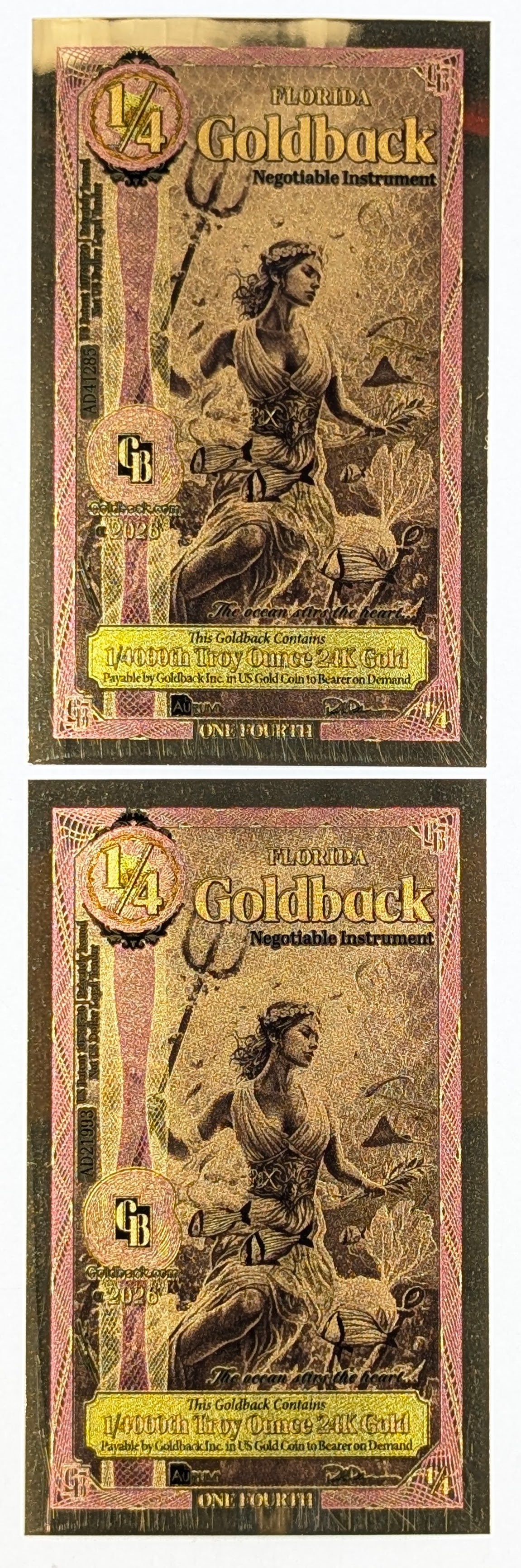 Lot of 2 - 2026 1/4 Florida Goldbacks 1/40000th Troy Ounce 24K Gold each: _