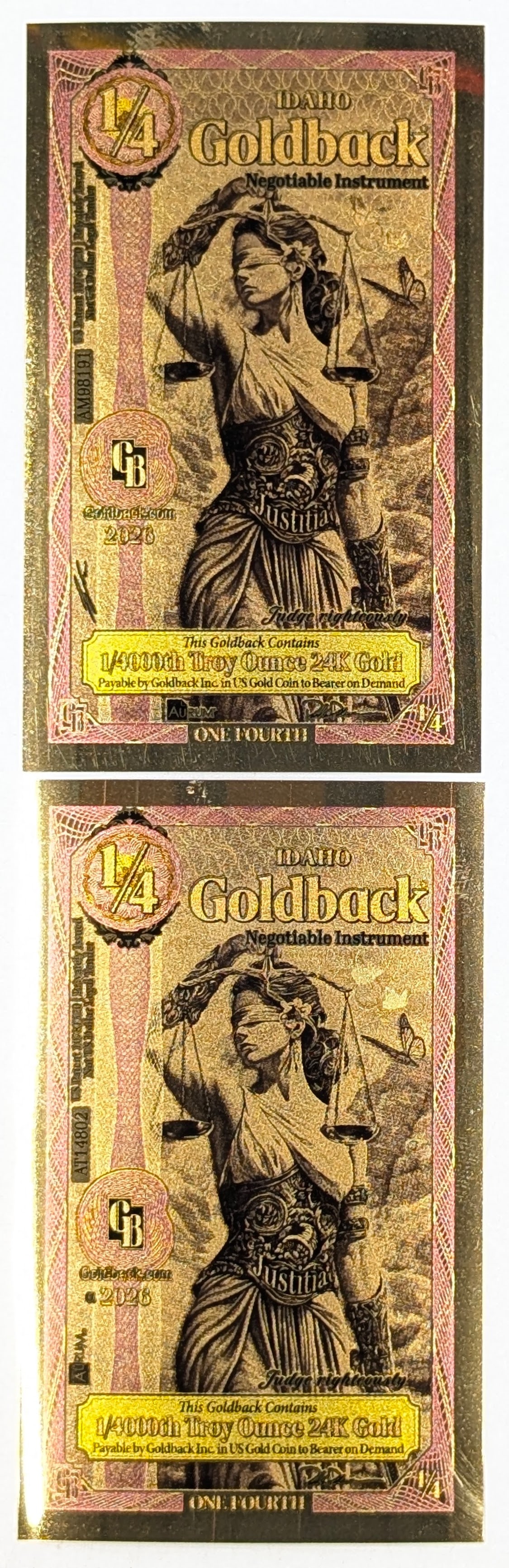 Lot of 2 - 2026 1/4 Idaho Goldbacks 1/40000th Troy Ounce 24K Gold each: _