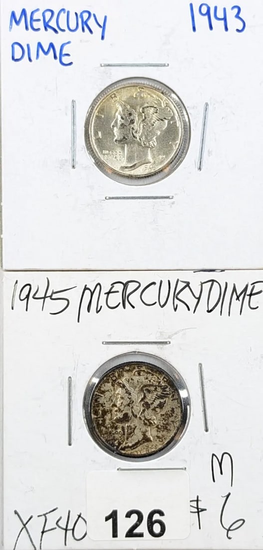 Lot of 2 Silver Mercury Dimes - 1943, 1945: _