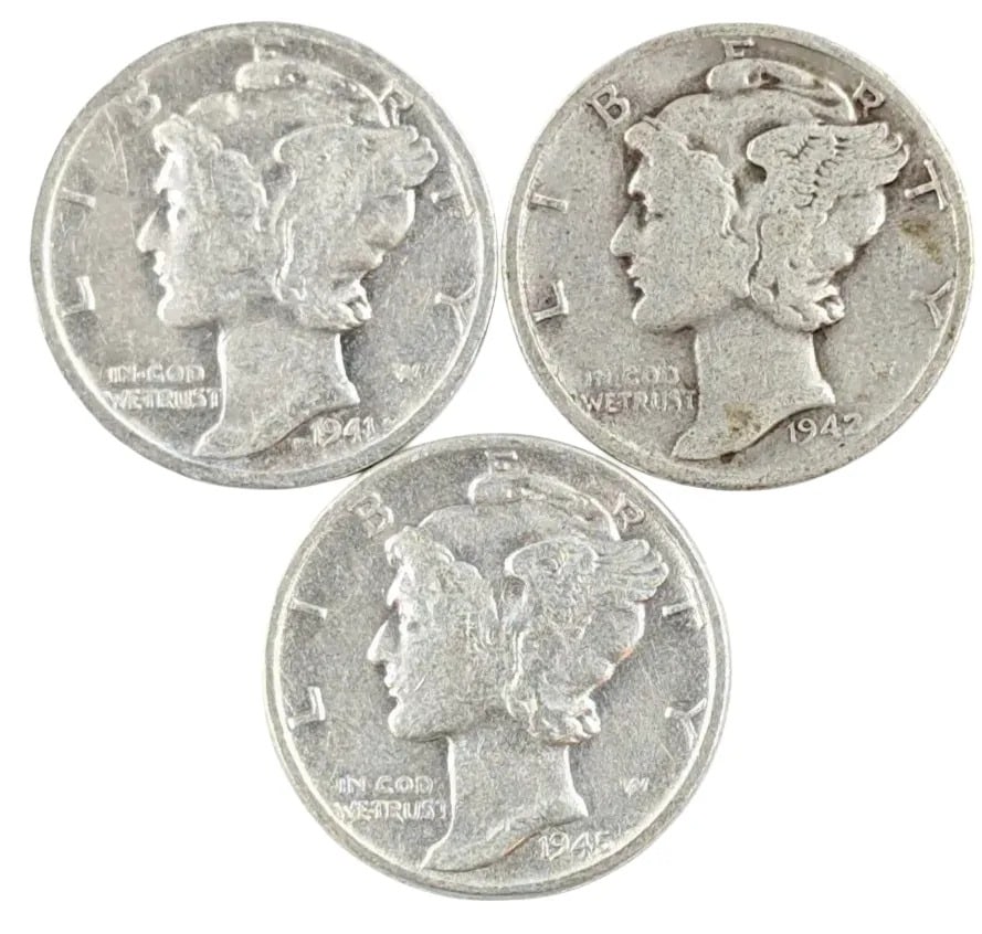 Lot of 3 Silver Mercury Dimes - 1941, 1942, 1945: _