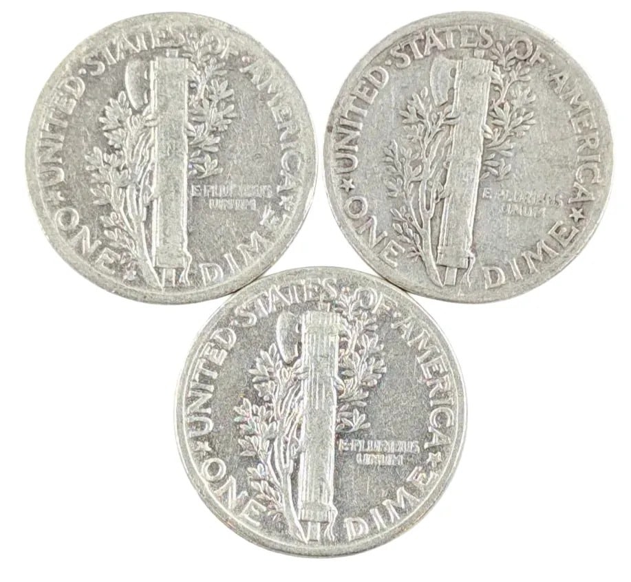 Lot of 3 Silver Mercury Dimes - 1941, 1942, 1945 - 2