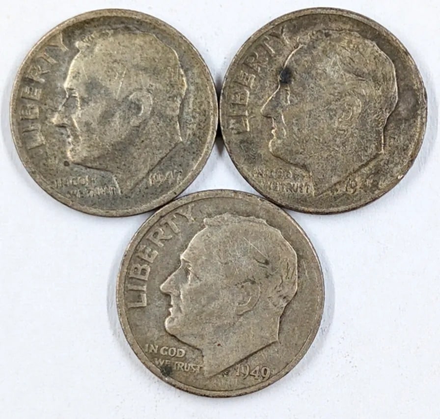 Lot of 3 Silver Roosevelt Dimes - 1947-D, 1948, 1949-D: _