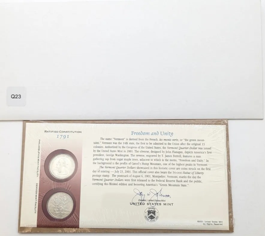 2001 US Mint First Day Issue State Quarter Coin Vermont: _