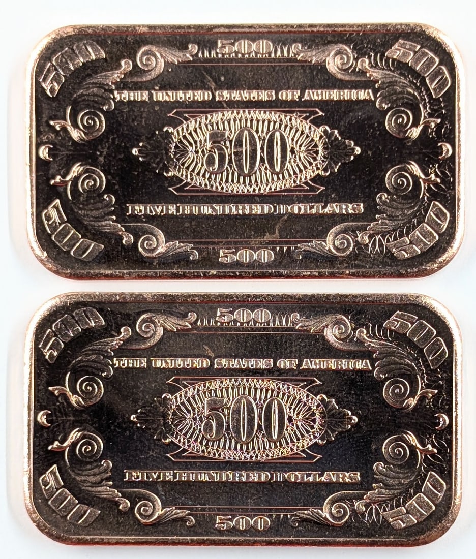 Lot of 2 - 1 Ounce (each) Fine .999 Copper Bars- 500 Design - 2