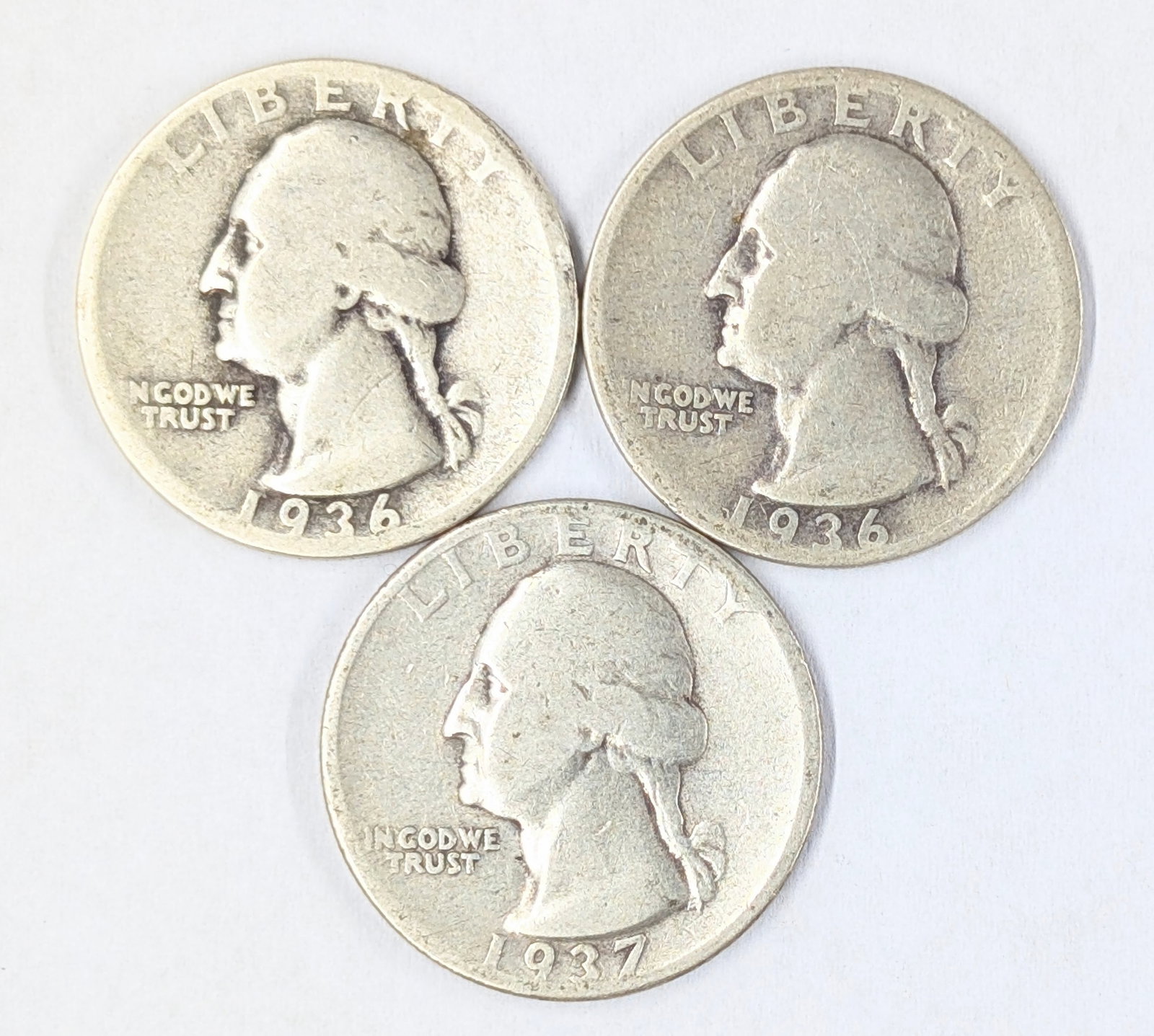 Lot of 3 Silver Washington Quarters - 1936 (2), 1937: _