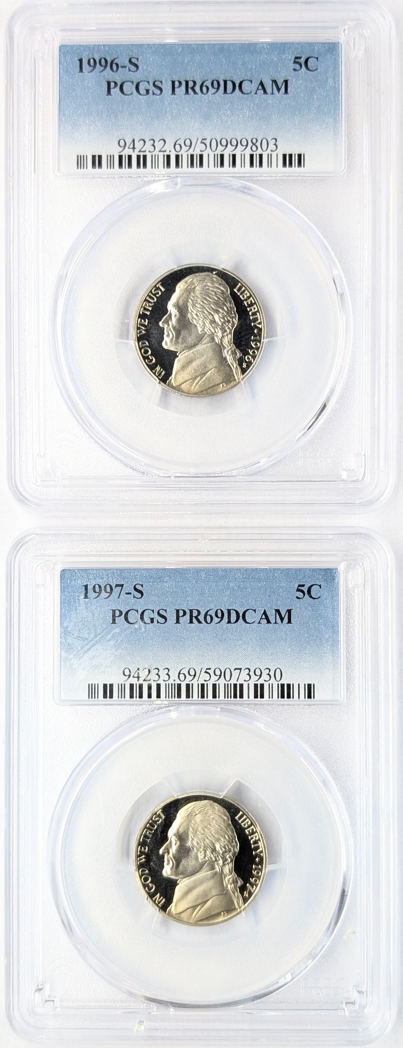 Lot of 2 PCGS Jefferson Nickels 1996/97-S PR69 DCAM: _