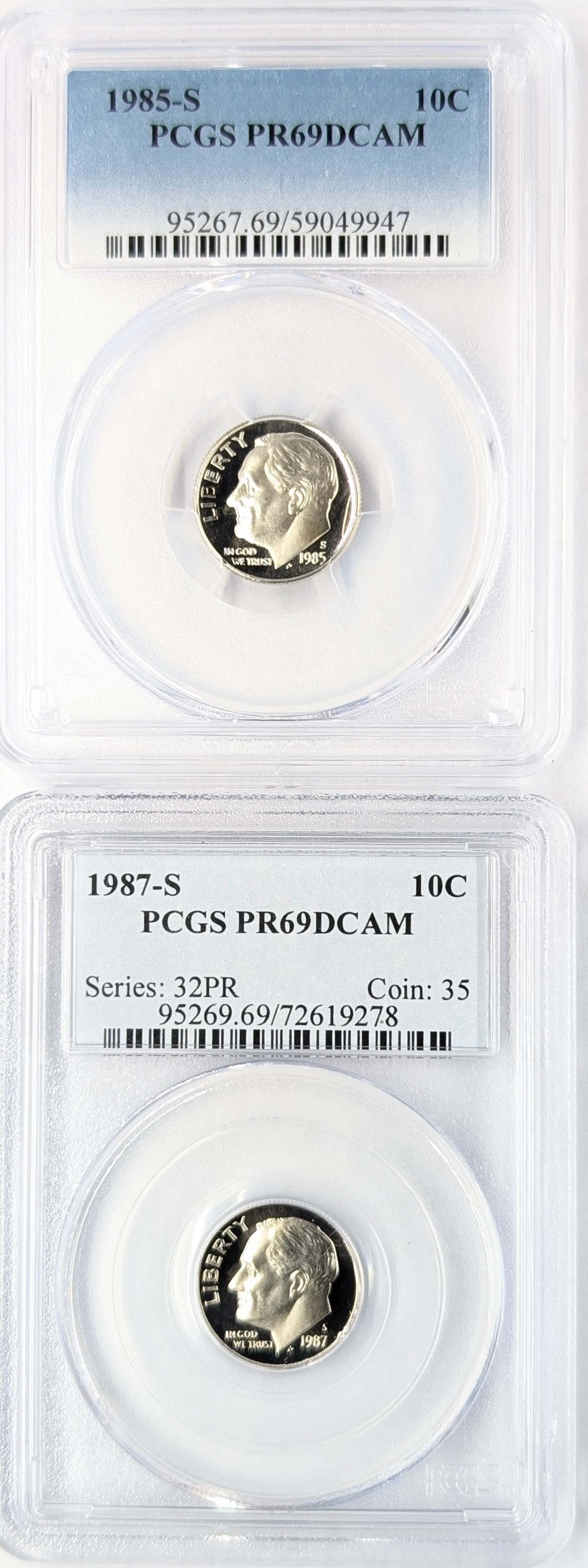 Lot of 2 PCGS Roosevelt Dimes 1985/87-S PR69 DCAM: _