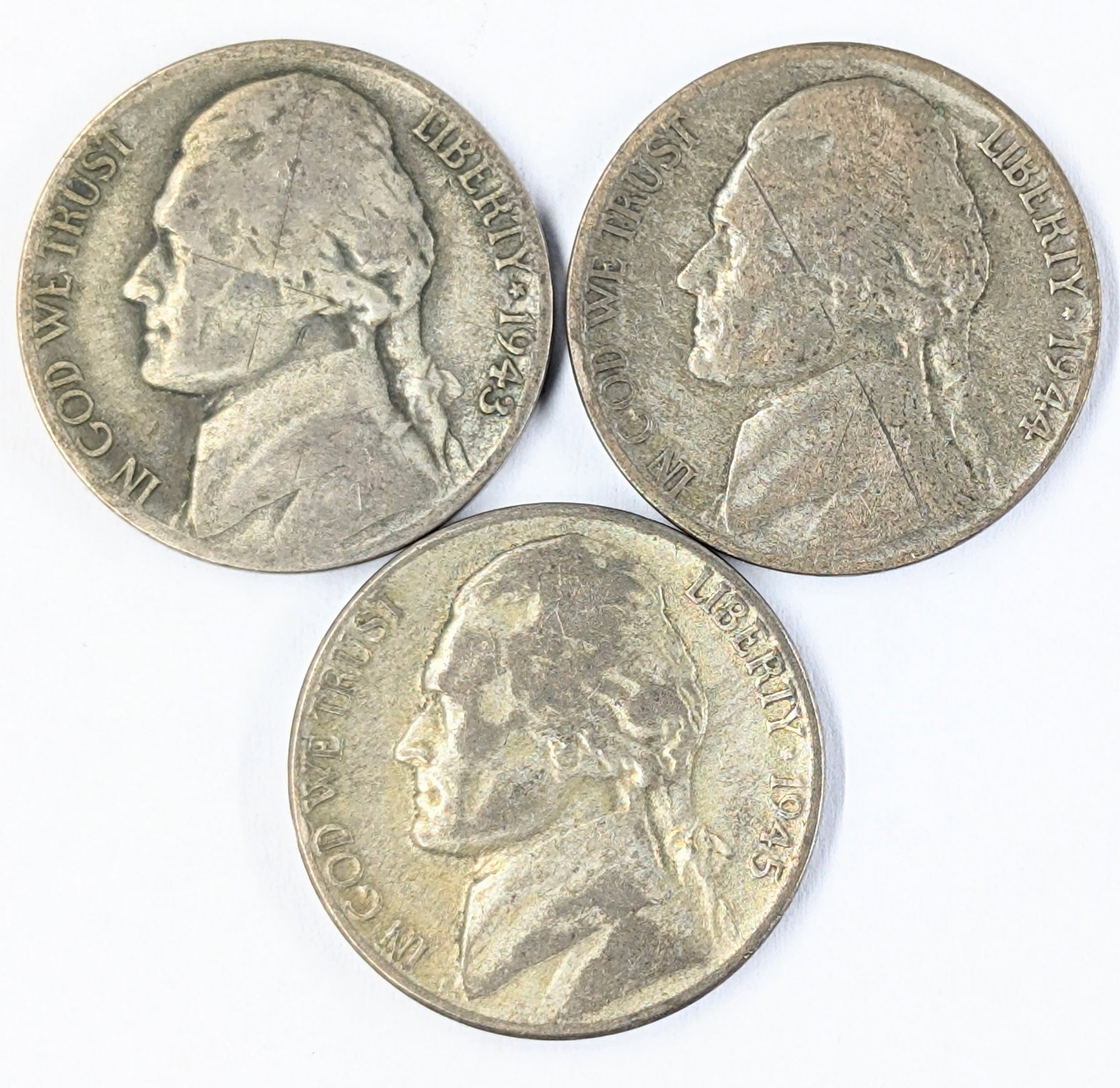 Lot of 3 Silver War Nickels 1943-S, 1944-S and 1945-S: _
