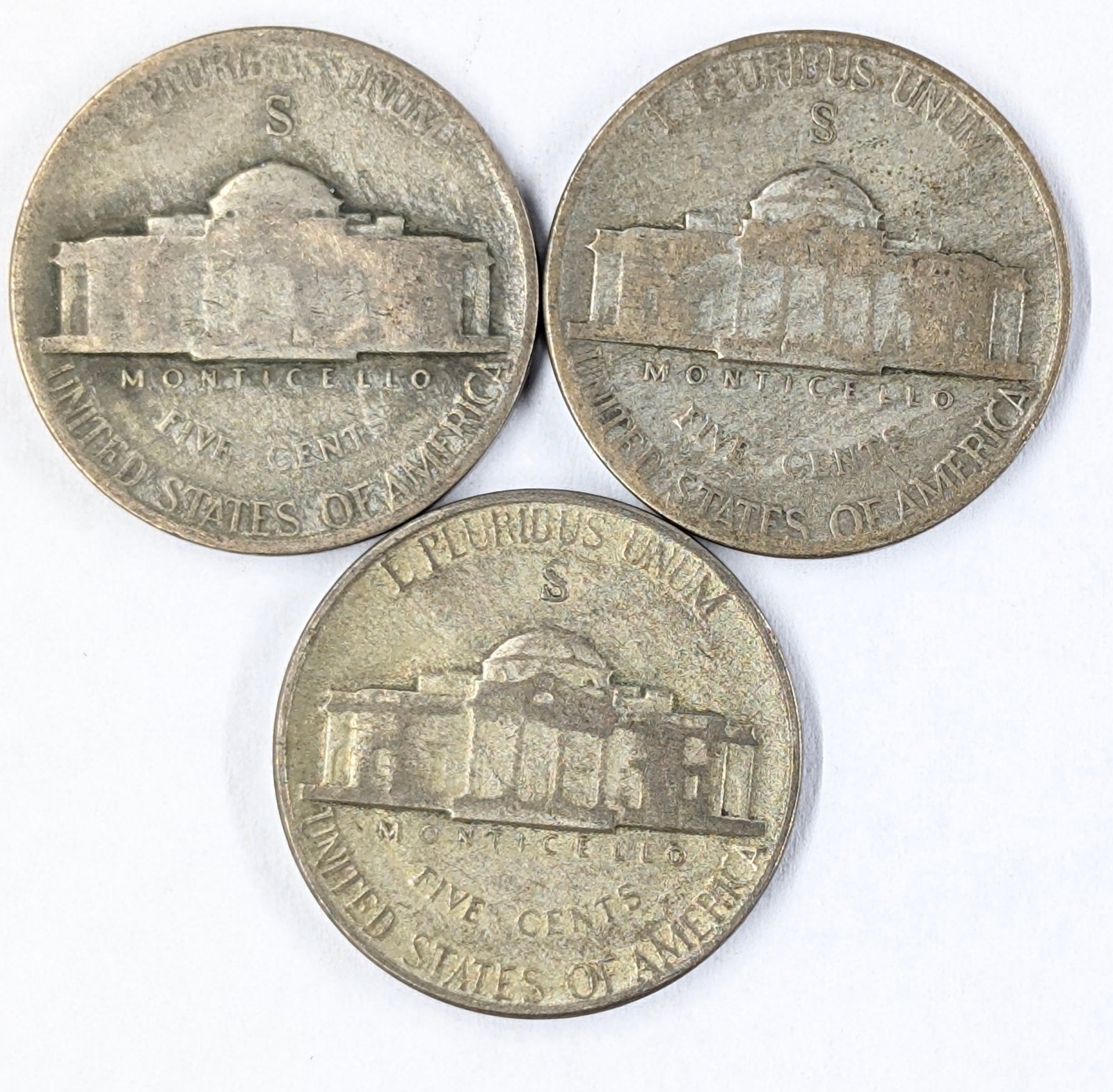 Lot of 3 Silver War Nickels 1943-S, 1944-S and 1945-S - 2
