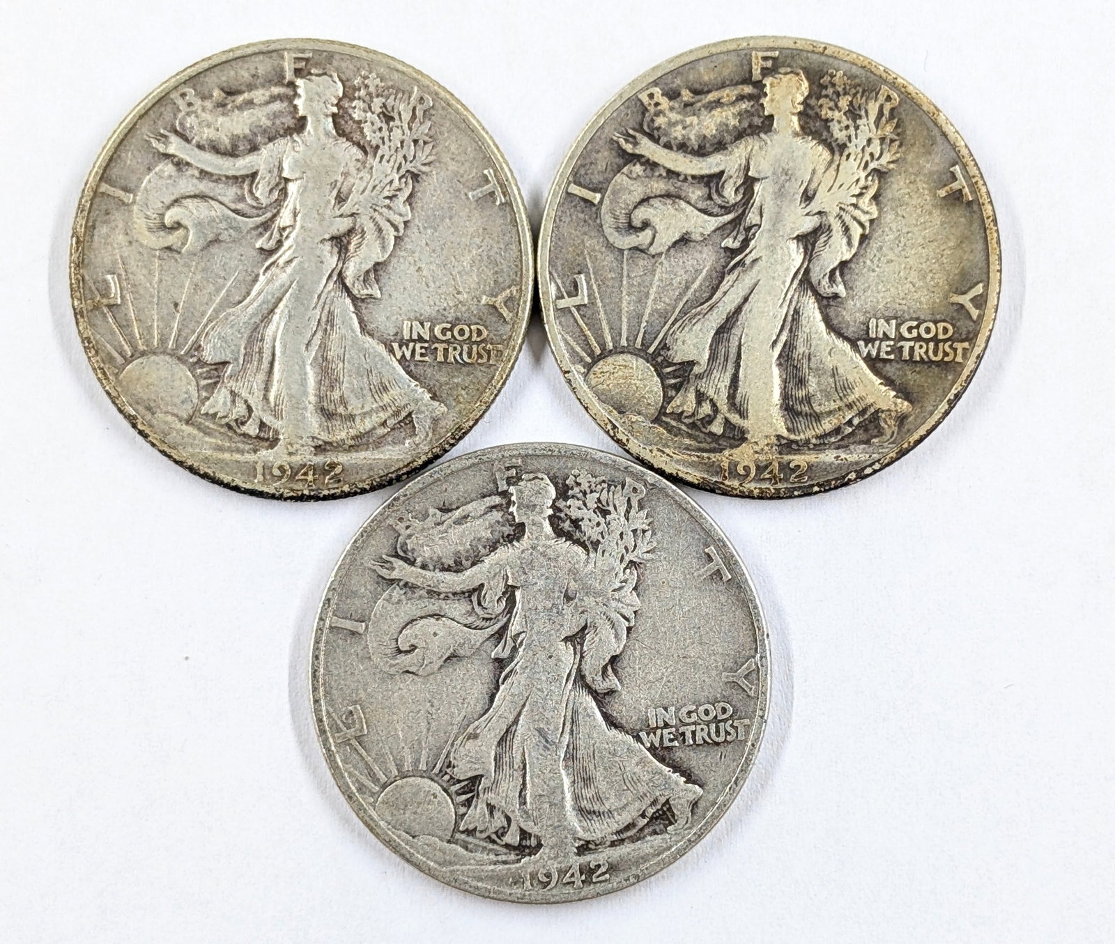 Lot of 3 Silver Walking Liberty Half Dollars 1942 1942-D & 1942-S: _