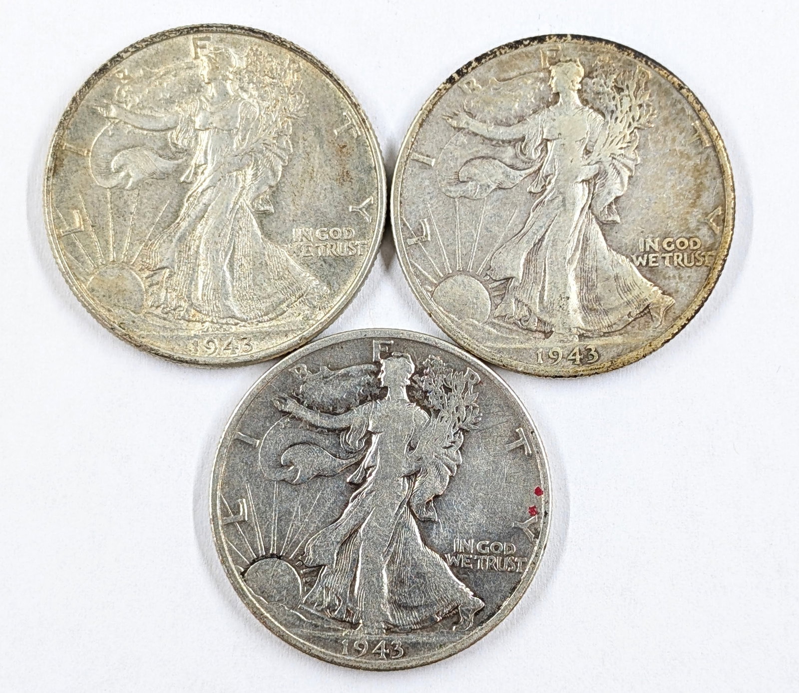 Lot of 3 Silver Walking Liberty Half Dollars 1943 1943-D & 1943-S: _