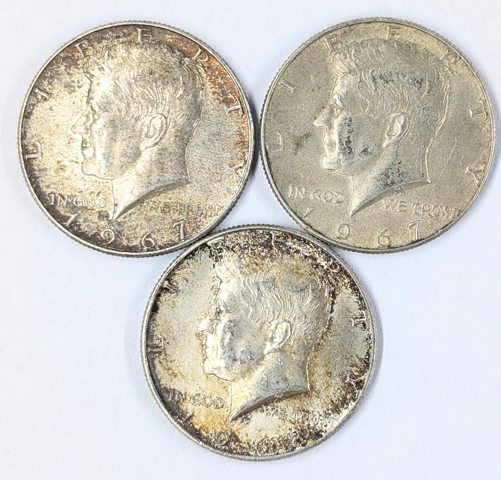 Lot of 3 JFK 40% Silver Half Dollars 1967 (2) & 1968: _