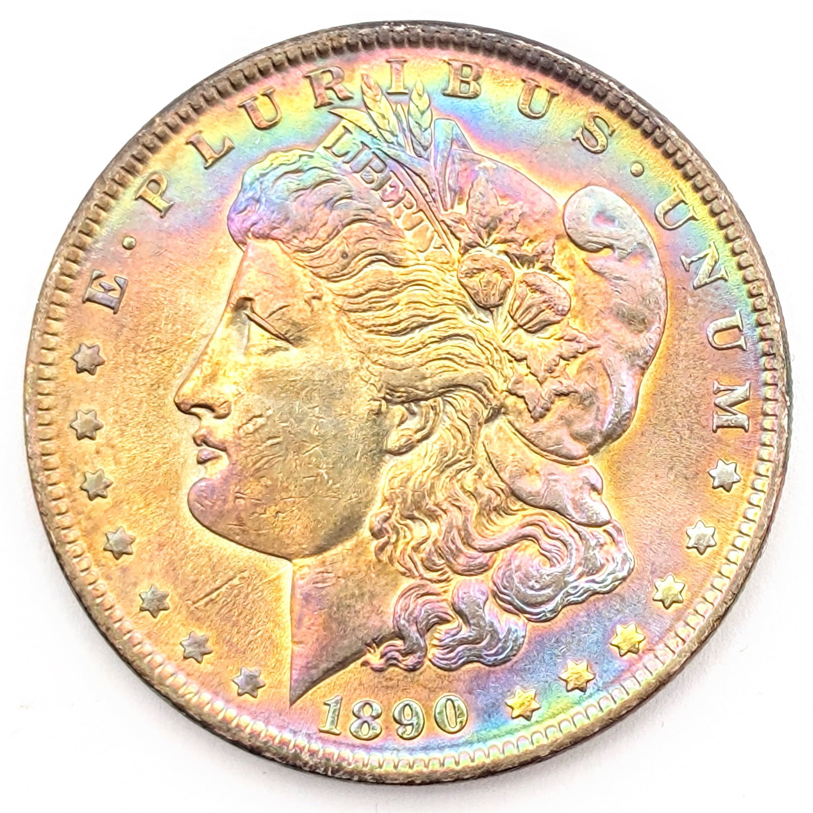 FEATURE - 1890 Silver Morgan Dollar- Incredible Toning: Toning assumed to be non-natural for detail grade. Wow its flawless though with great luster