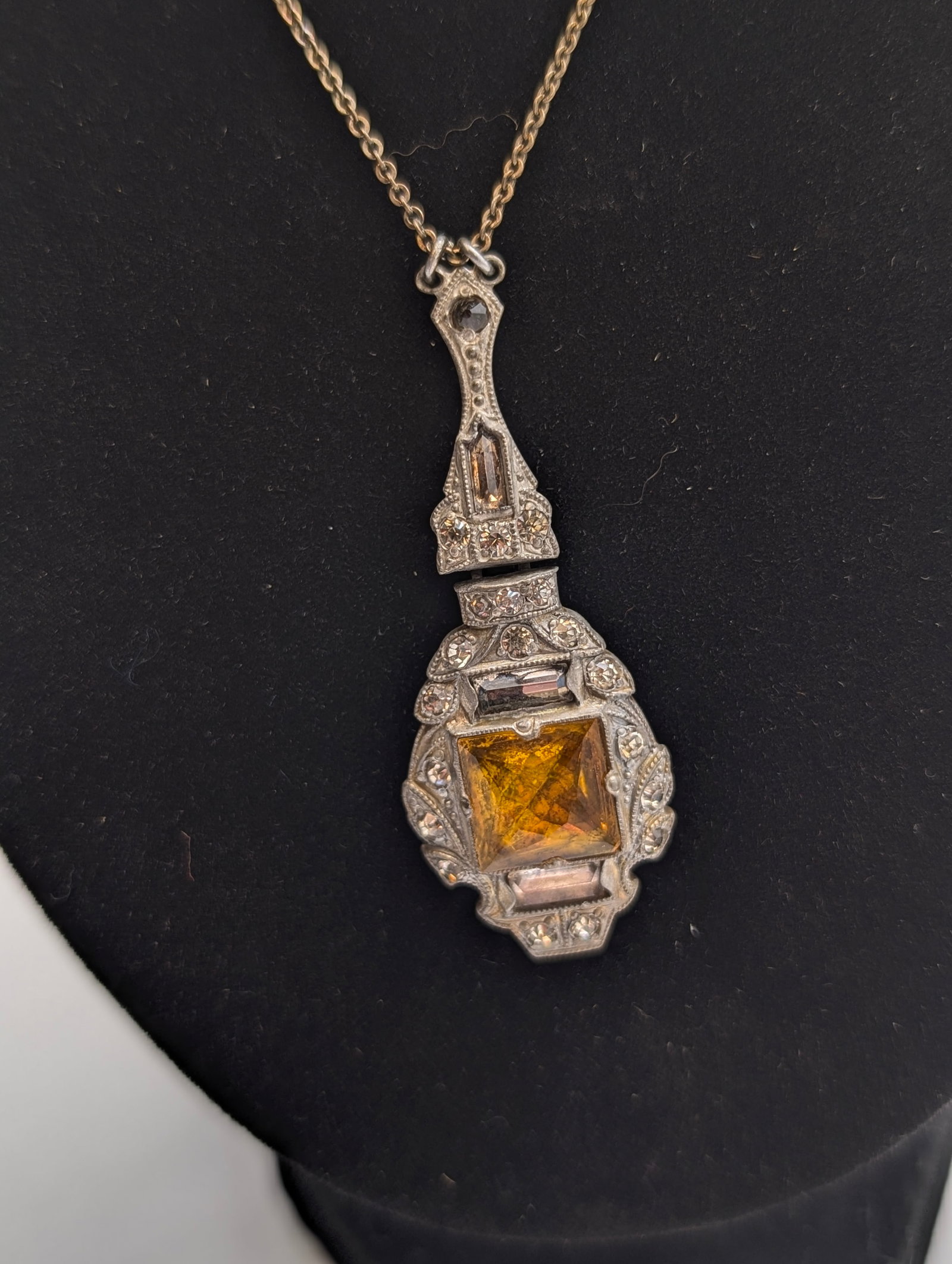 Antique Art Deco Sterling Necklace with Citrine gemstone - 2