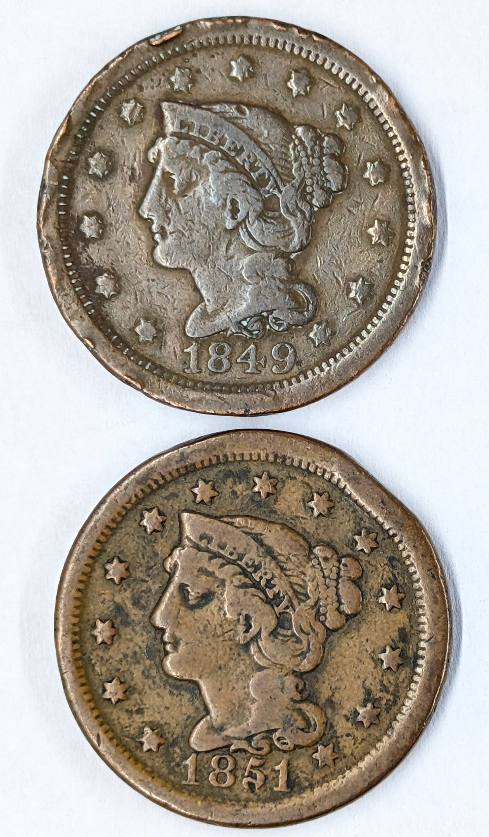 Lot of 2 Large Cents - 1849 & 1851: Heavily Circulated