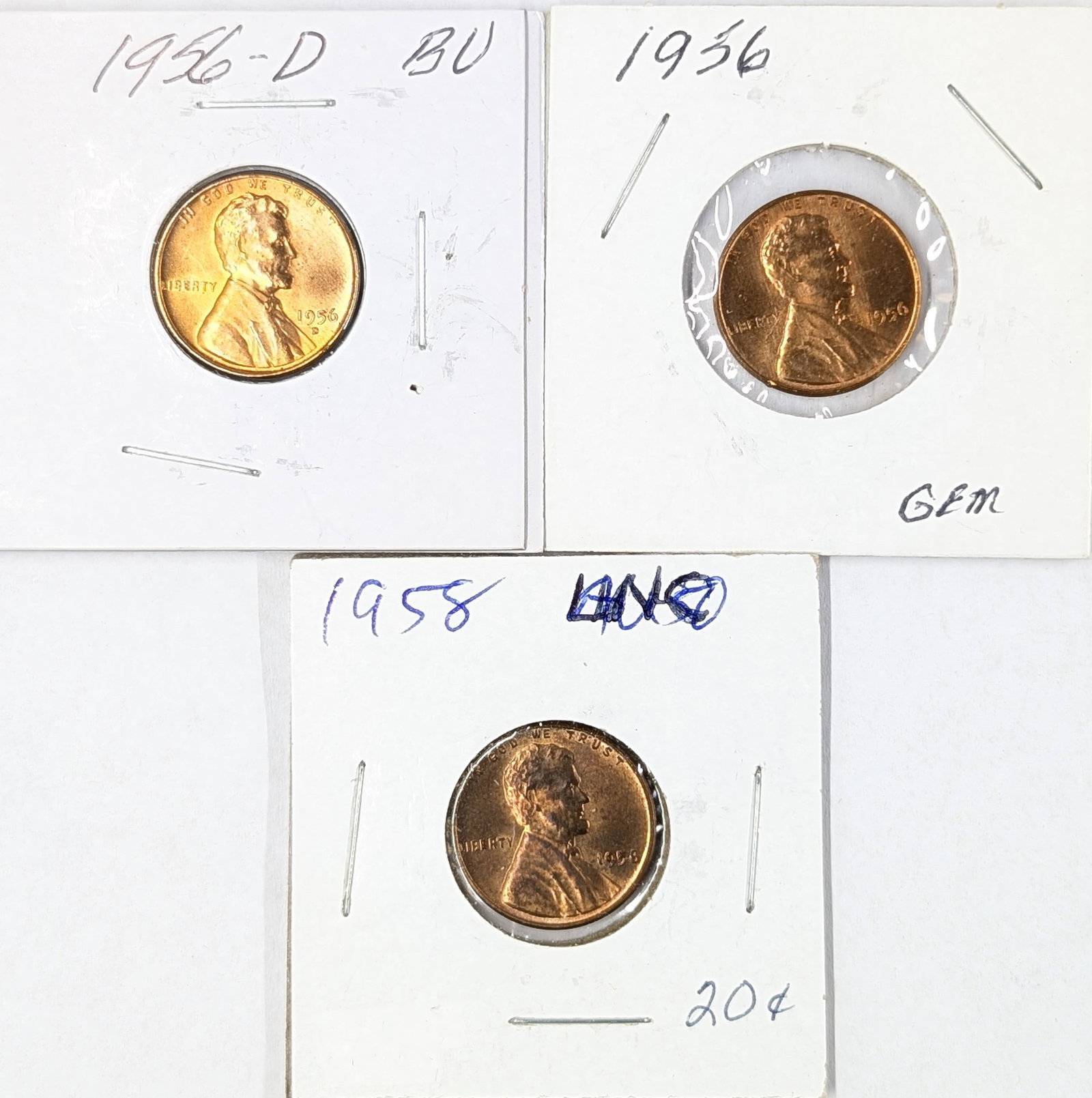 Lot of 3 Lincoln Cents 1956, 56D & 58 -BU: Perfect BU Condition