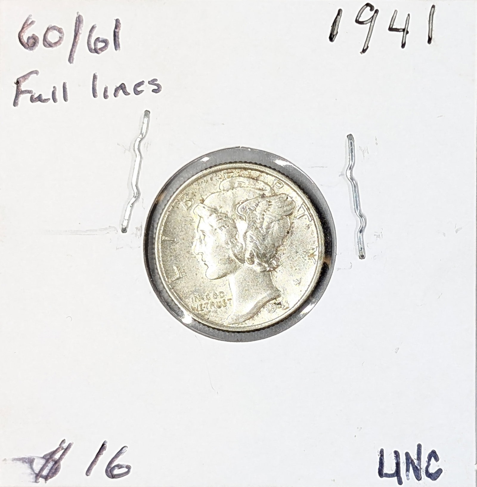 1941 Uncirculated Silver Mercury Dime: Full lines - Incredible condition