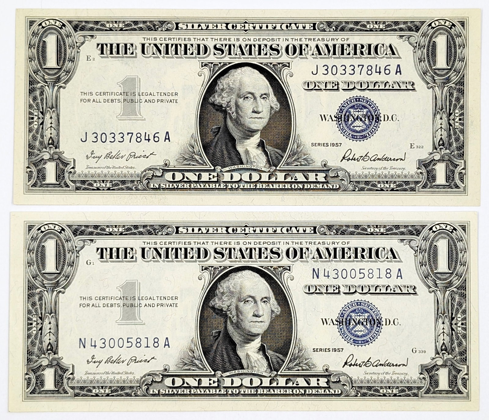 Lot of 2, 1957 Crisp $1 Notes Silver Certificates - Crisp: Excellent Condition!