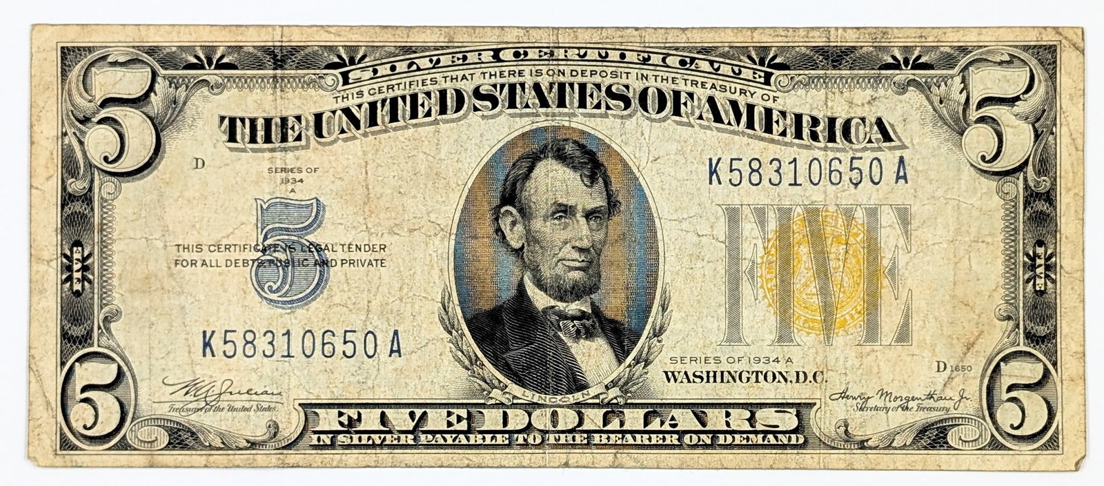 1934 A Series $5 Yellow Seal Silver Certificate: Circulated Condition