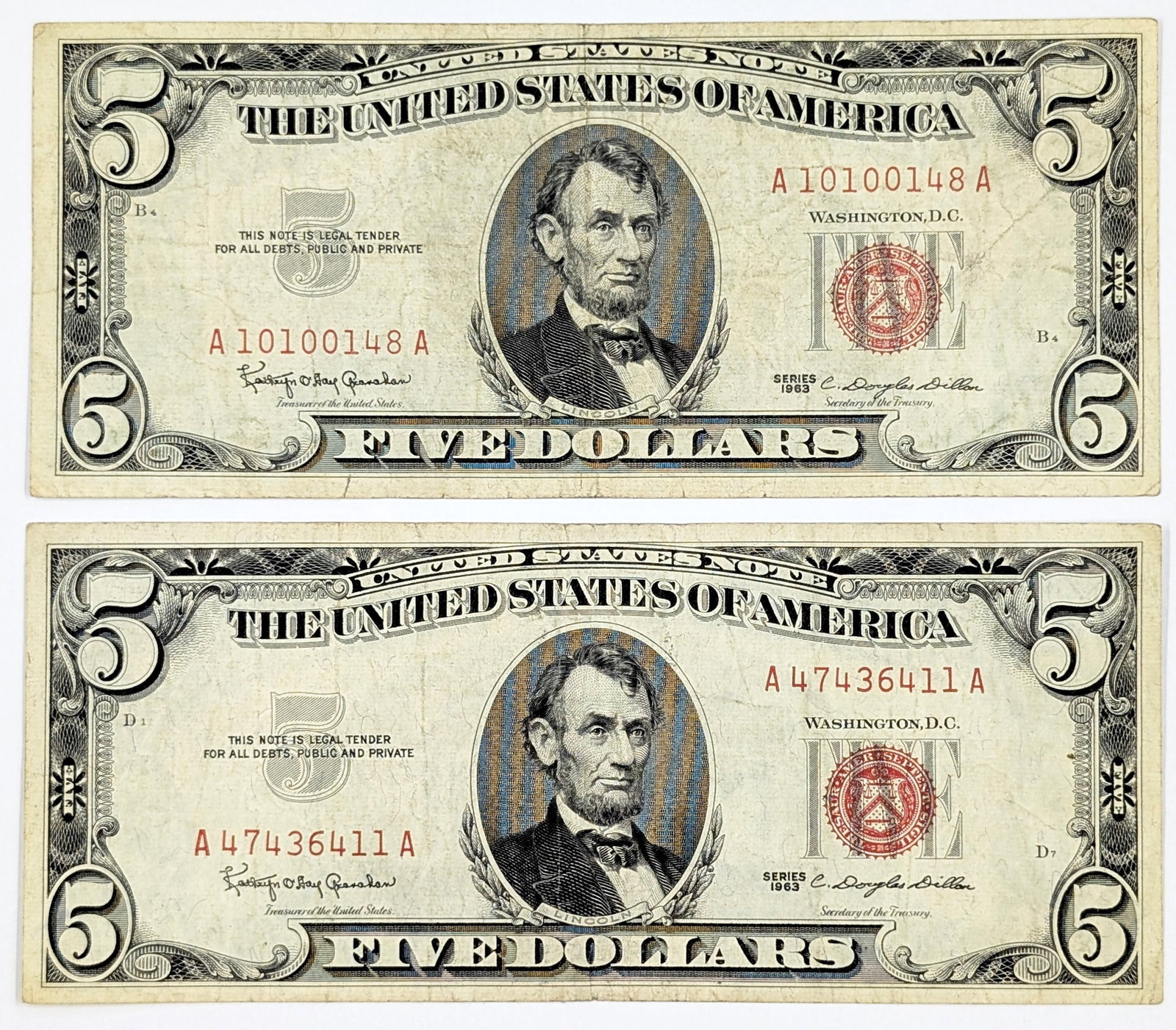 Lot of 2, 1963 $5 Red Seals: Circulated Condition