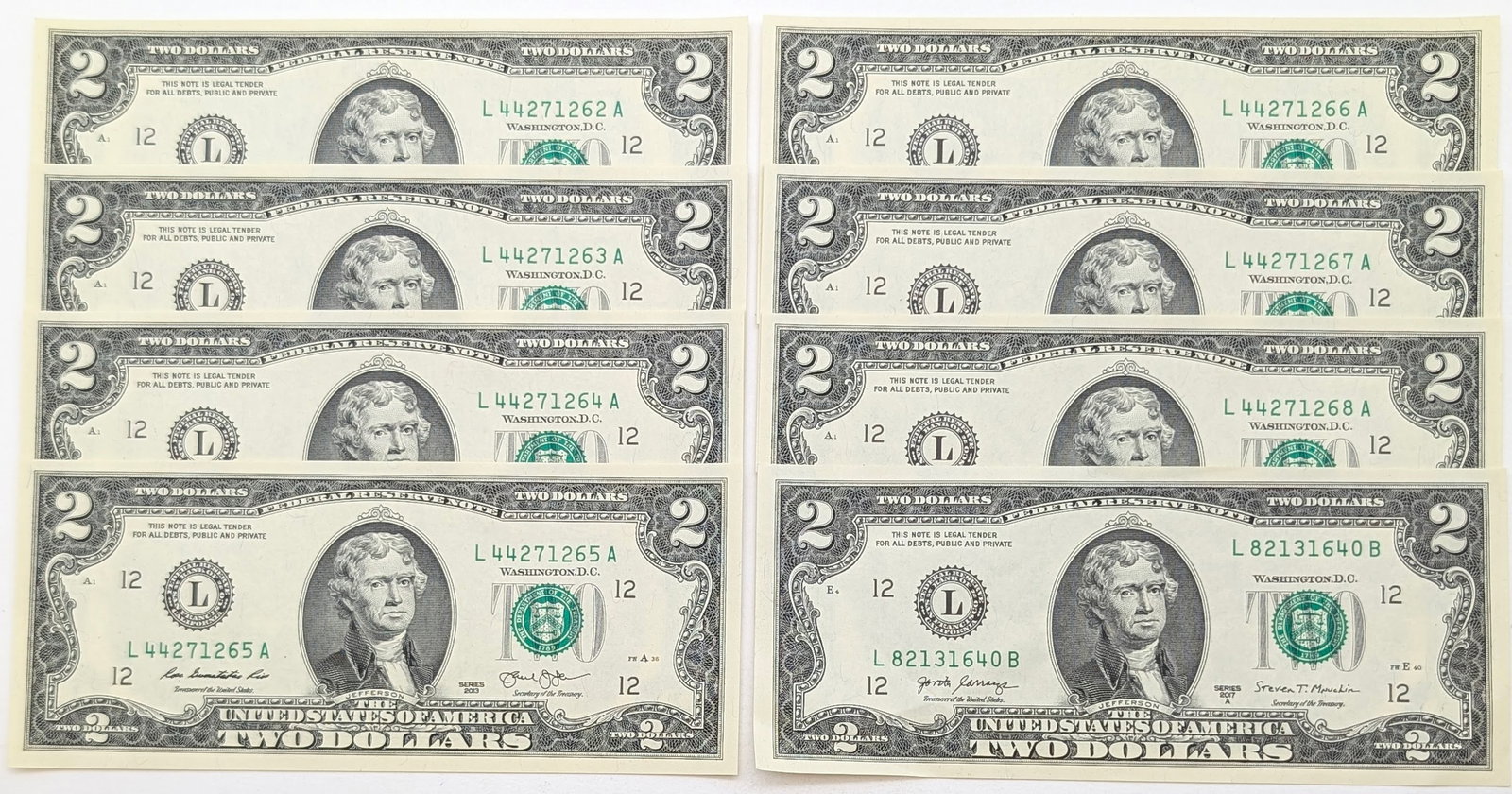 Lot of 8 Uncirculated Consecutive $2 Bills: Crisp!