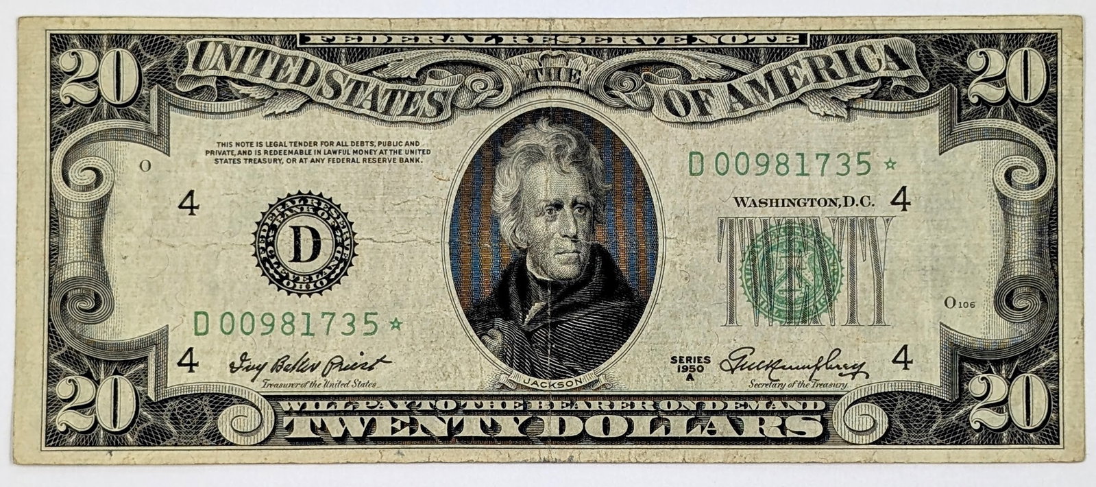 Series 1950 A $20 Star Note: Circulated Condition