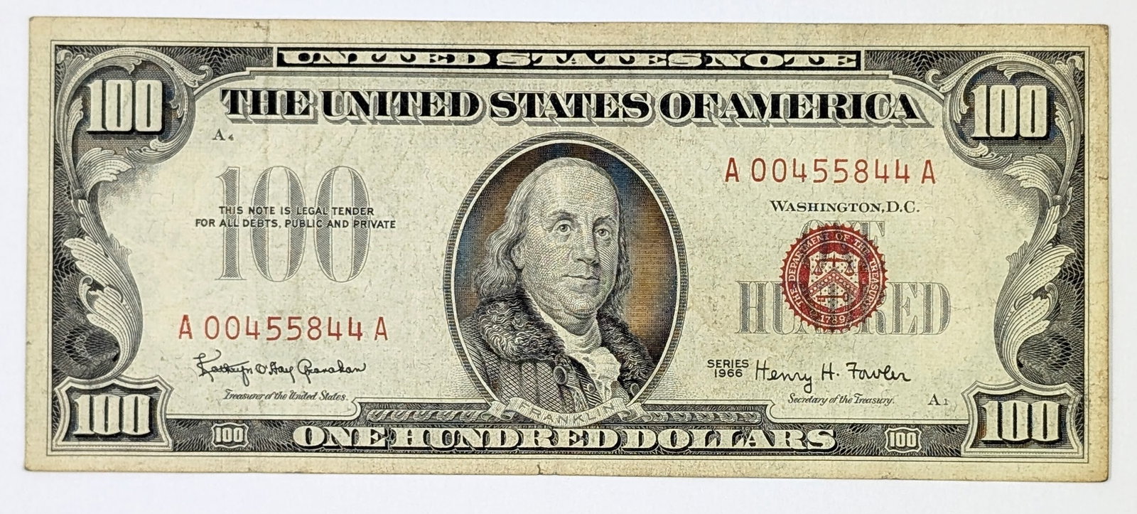 1966 Series $100 Note - Red Seal Ben Franklin: Condition is good with no major creases strong corners
